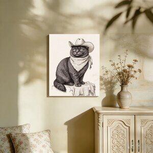 Cowboy Cat, Built-in Back Wood Frame, Wall Art, 36Lx24W
